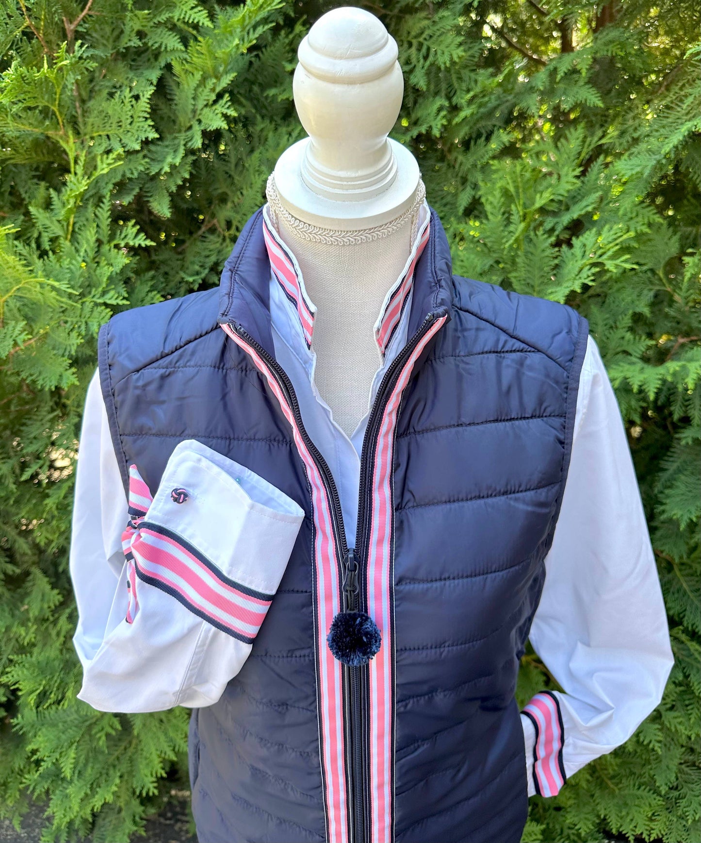 Apparel- Pearly Vines Audrey Ribbon FC- White with Navy,Pink and White Stripe Ribbon