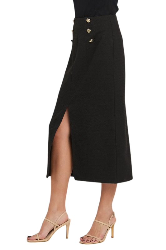 Apparel- Able Buttoned Boucle Midi Skirt with Front Slit
