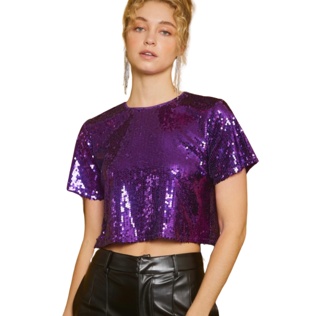 Apparel- Idem Ditto Short Sleeve Sequin Crop Top