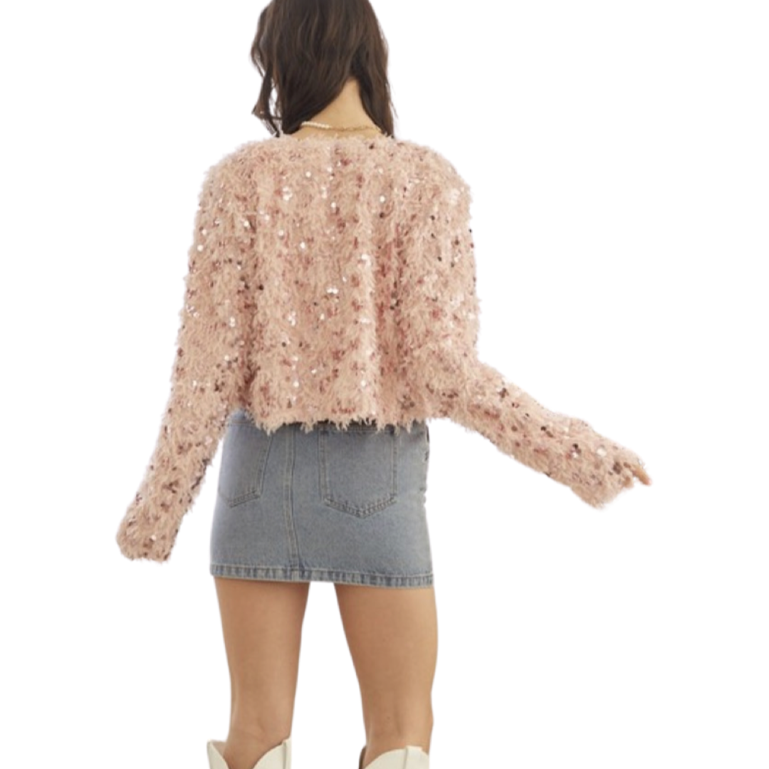 Apparel- Idem Ditto Feathered Sequin Embellished Cardigan Jacket