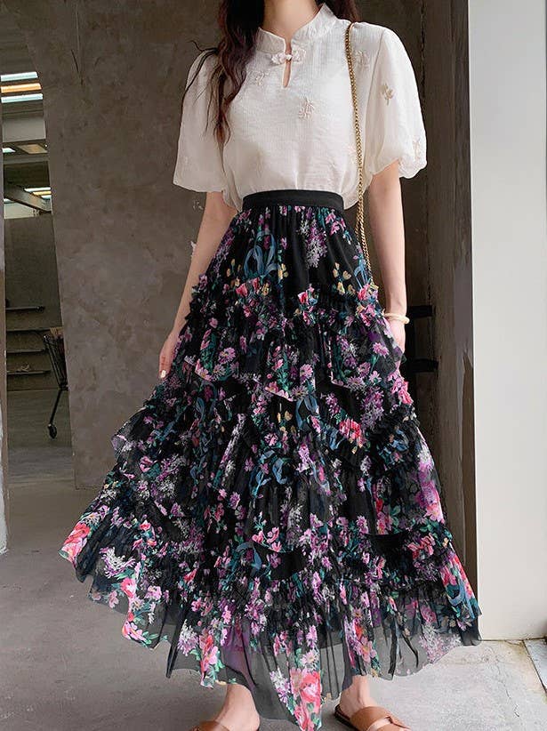 Apparel- Peach Twirl Worthy Floral Midi Ruffle Skirt