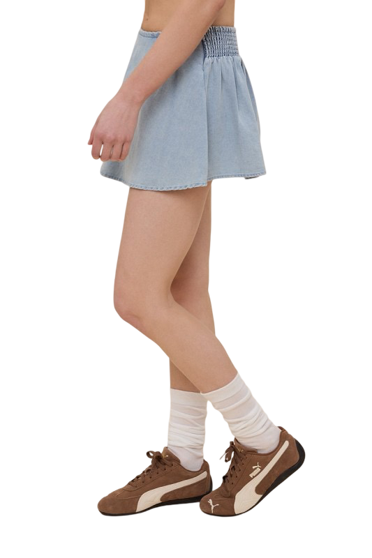 Apparel- Sky to Moon Denim Smocked Flare Mini Skirt Skort