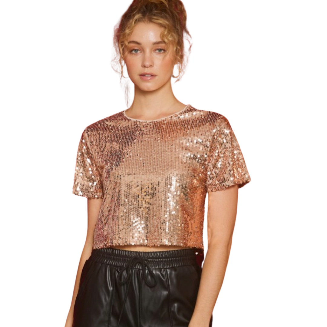 Apparel- Idem Ditto Short Sleeve Sequin Crop Top