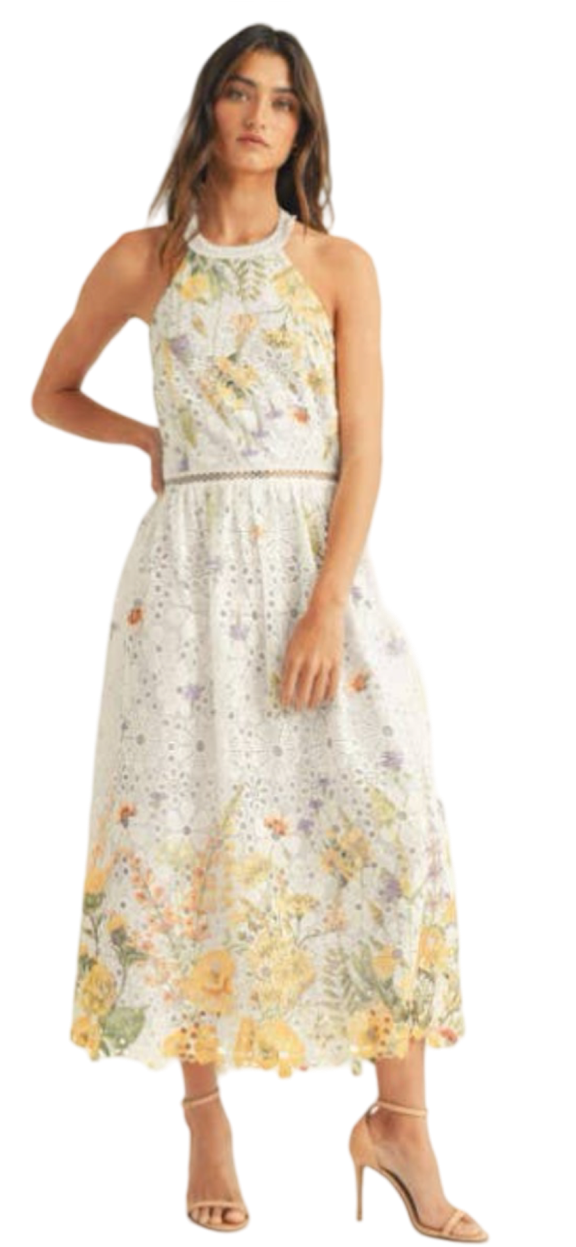 Apparel- Just Me Halter Neck Floral Border Print Midi Dress