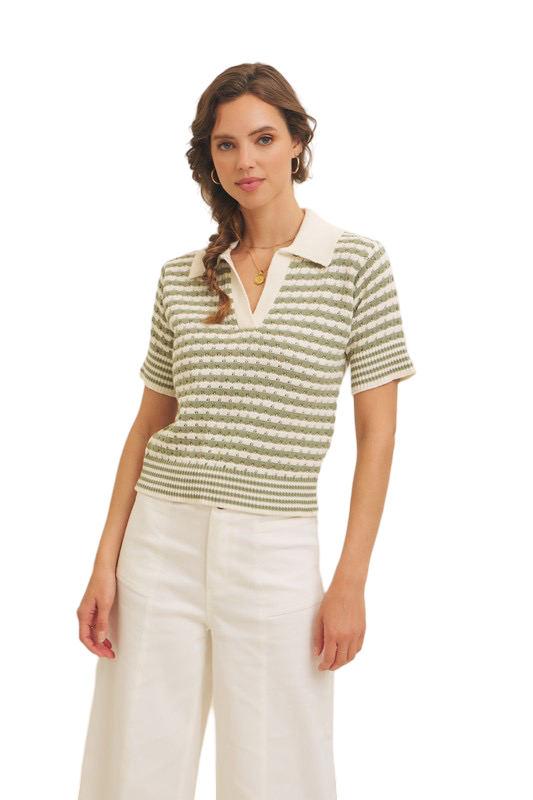 Apparel- In February Striped V Neck Collard Summer Sweater Top