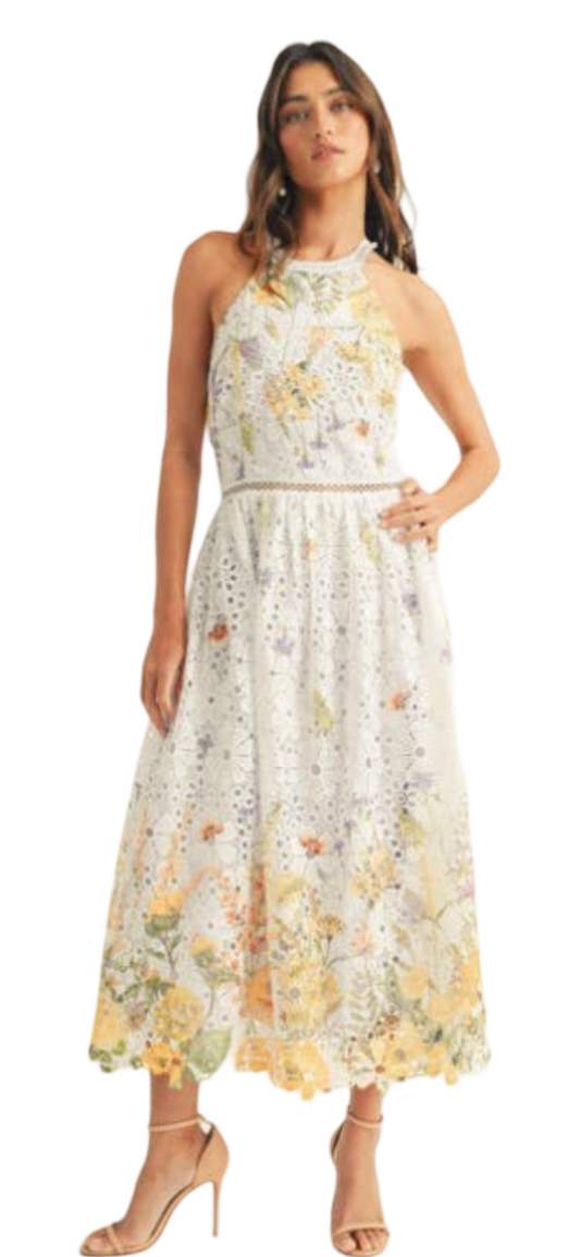 Apparel- Just Me Halter Neck Floral Border Print Midi Dress