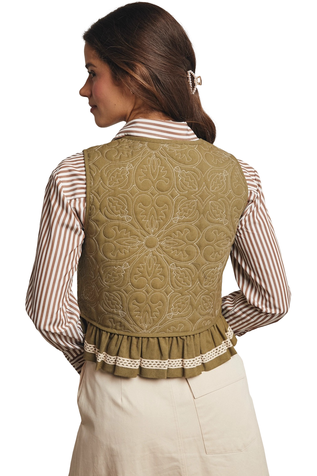Apparel- Forte Lace Trimmed Quilted Peplum Vest Top