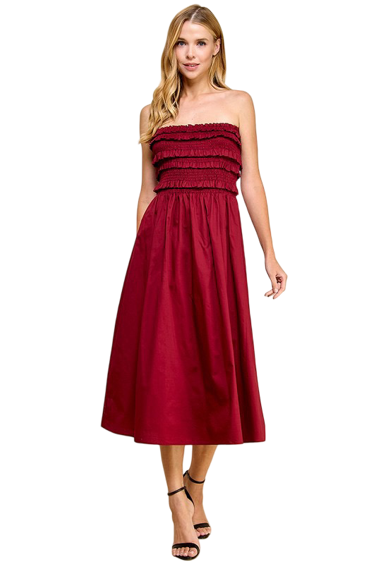 Apparel- TCEC Ruffled Smocked Strapless Midi Dress