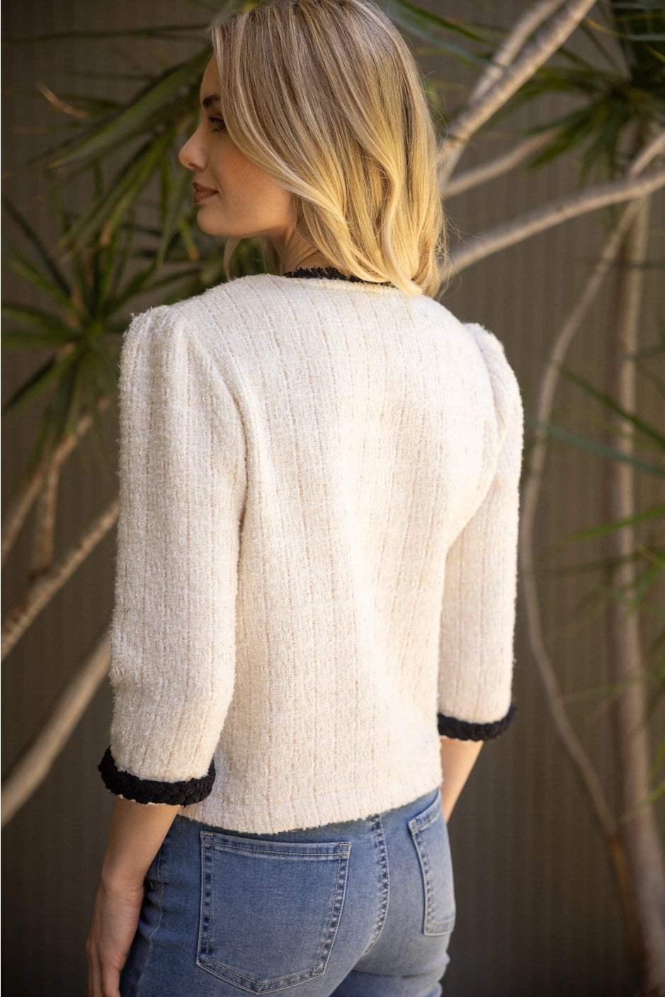 Apparel- VOY Contrast Braid Gold Button Accent Tweed V Neck Cardigan