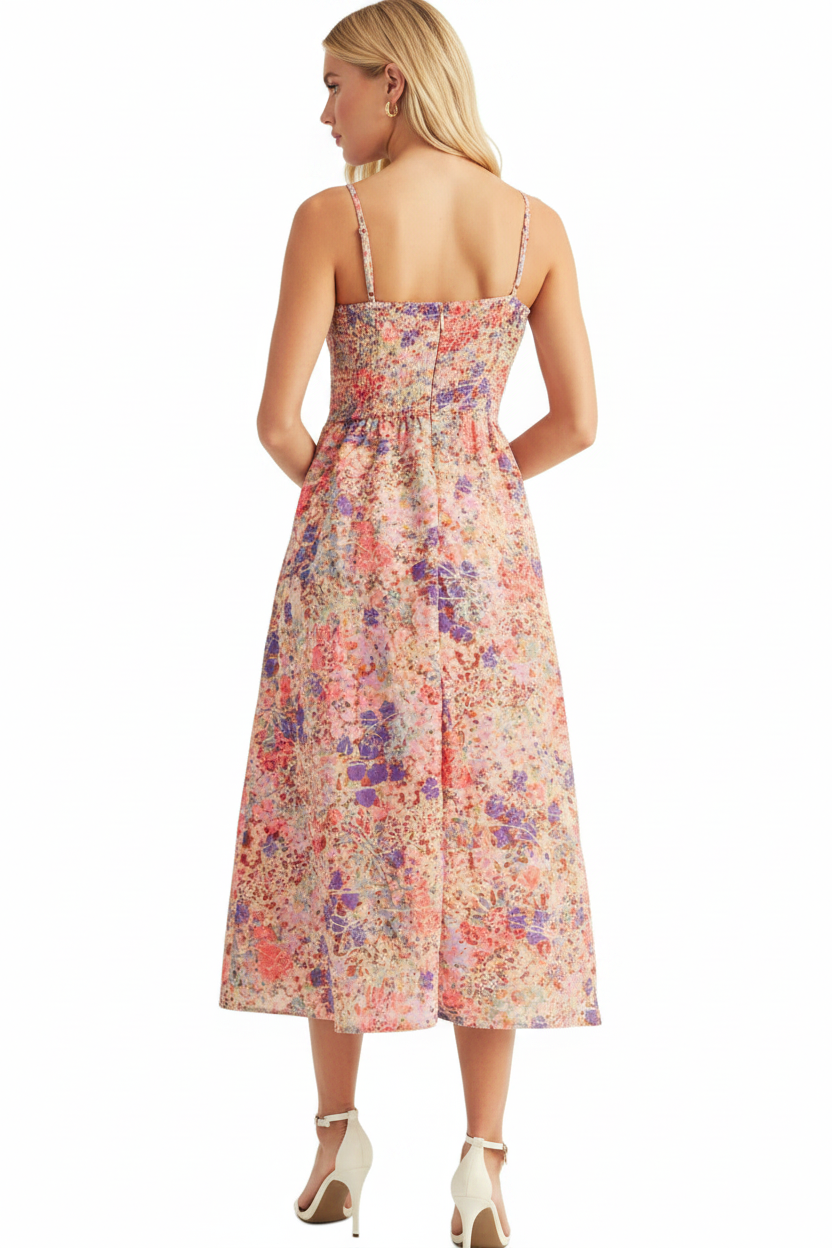 Just Me Floral Print Smocked Bodice Midi Dress