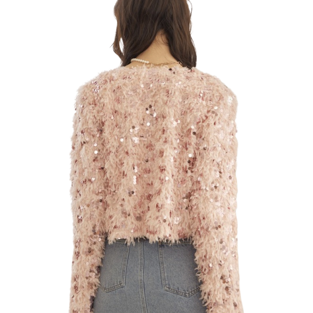 Apparel- Idem Ditto Feathered Sequin Embellished Cardigan Jacket