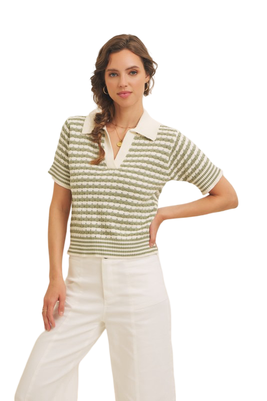 Apparel- In February Striped V Neck Collard Summer Sweater Top