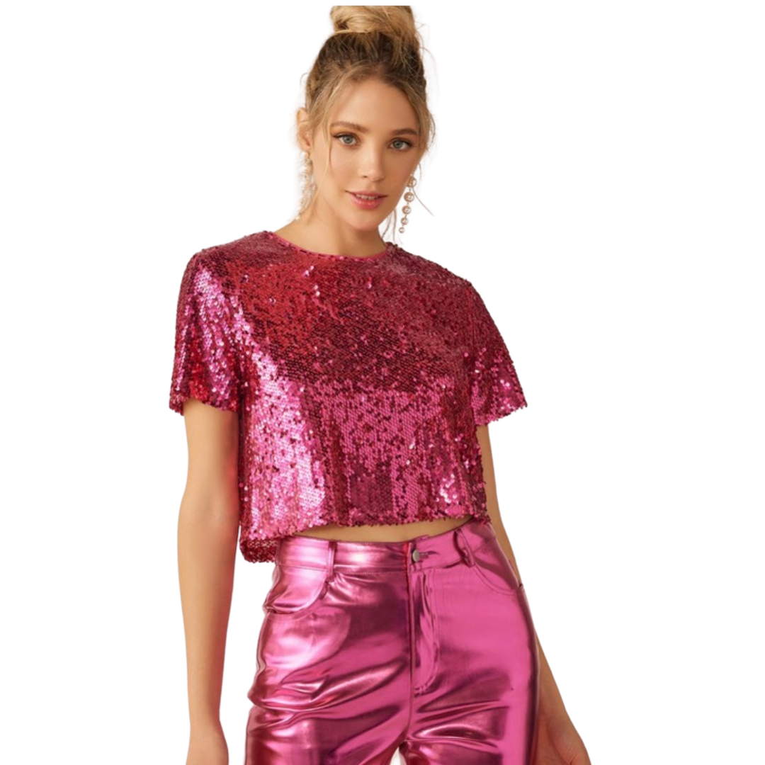 Apparel- Idem Ditto Short Sleeve Sequin Crop Top