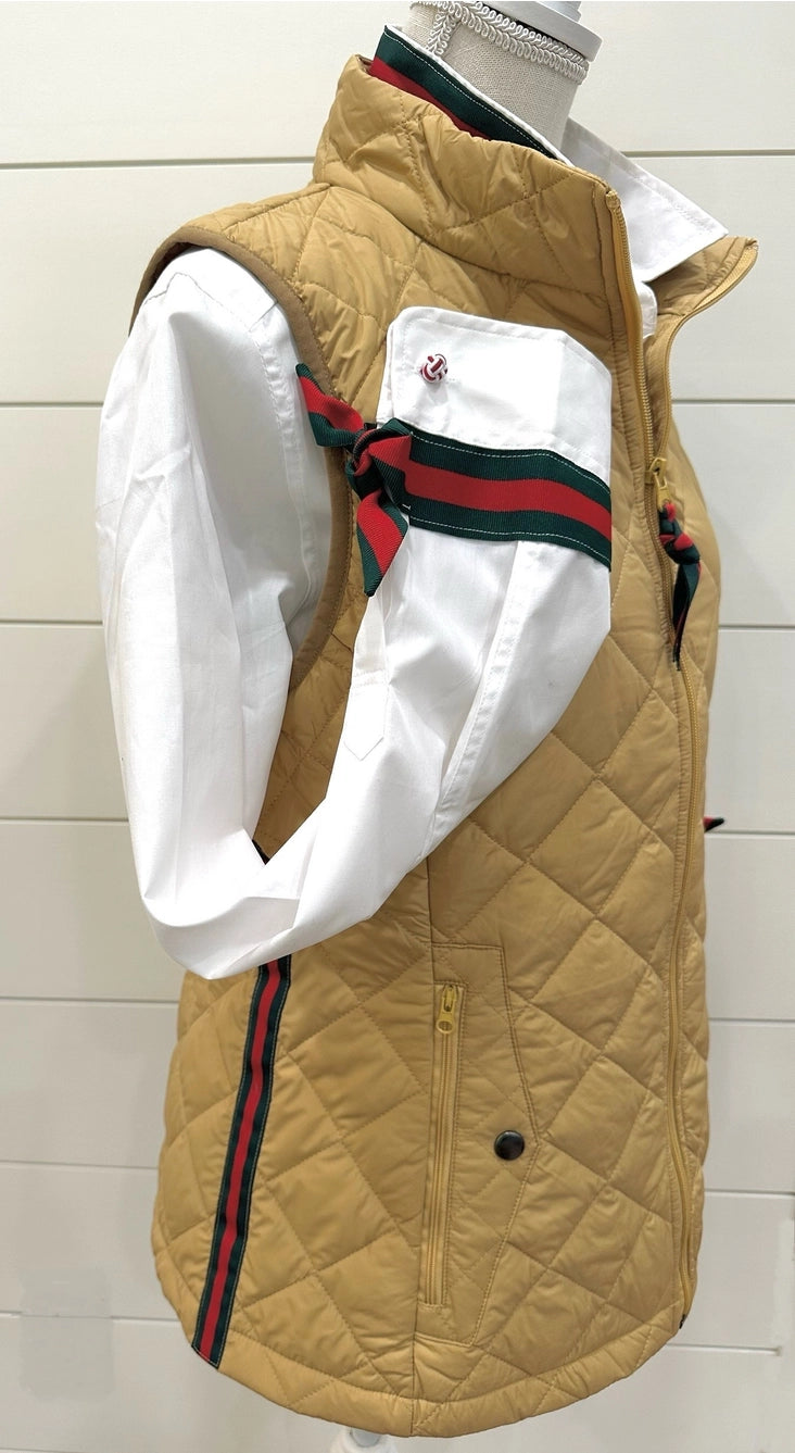 Apparel- Pearly Vine Maggie May- Khaki Quilted Puffer Vest w Hunter Green & Red Stripe Ribbon Trim