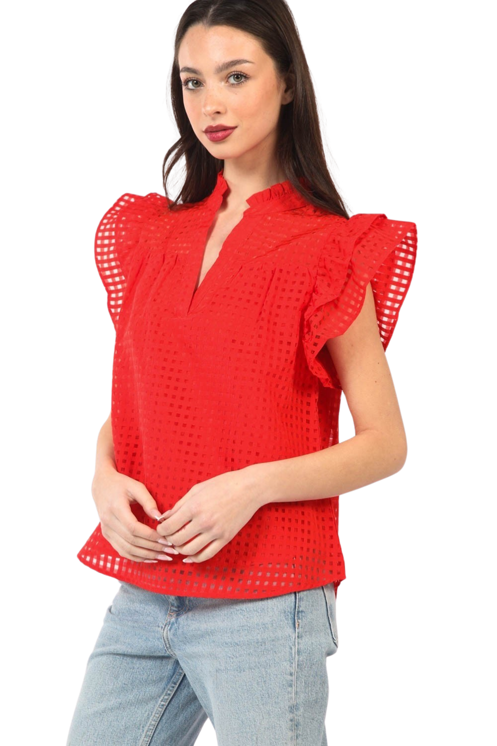 Apparel- Very J Cozy Ruffle Square Grid Top