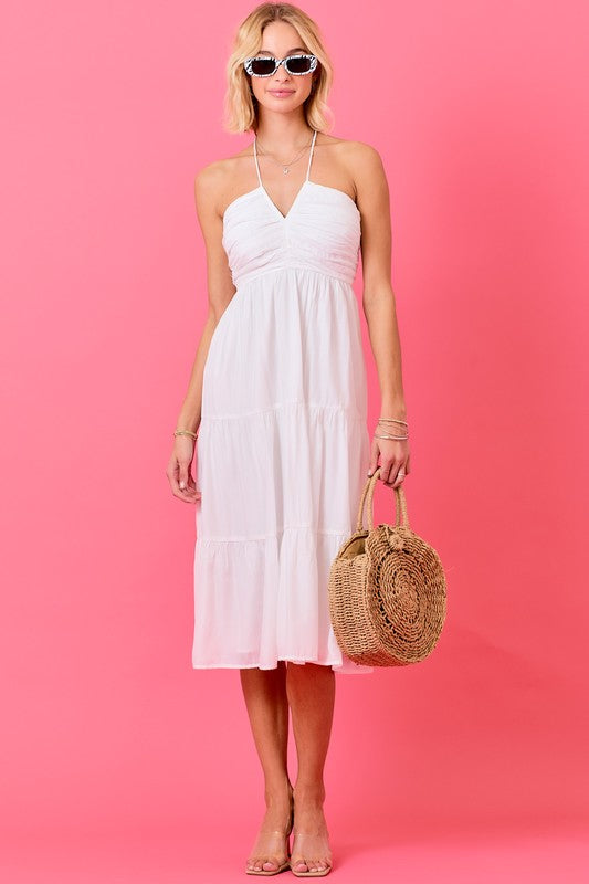 Apparel- Day+Moon Halter V Notched Ruffled Midi Dress