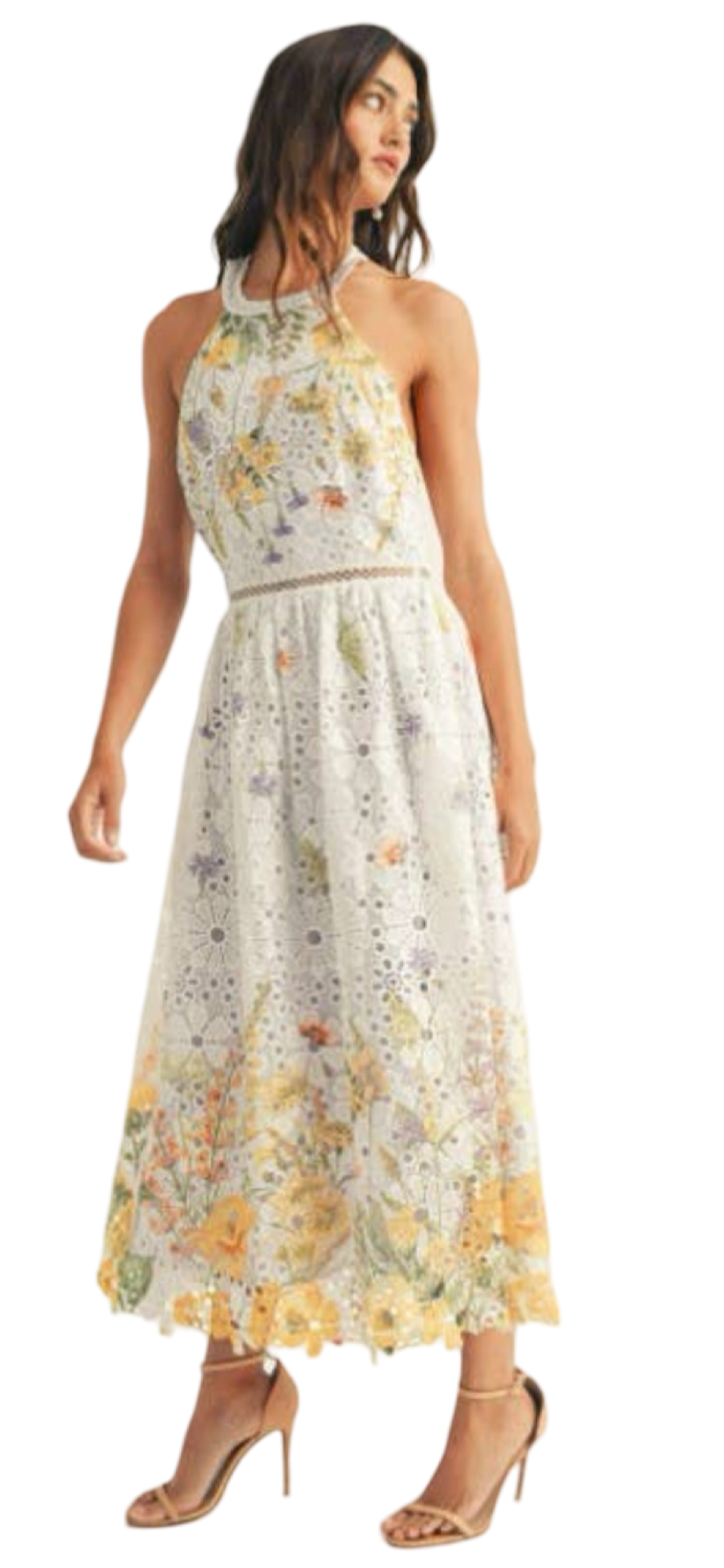 Apparel- Just Me Halter Neck Floral Border Print Midi Dress
