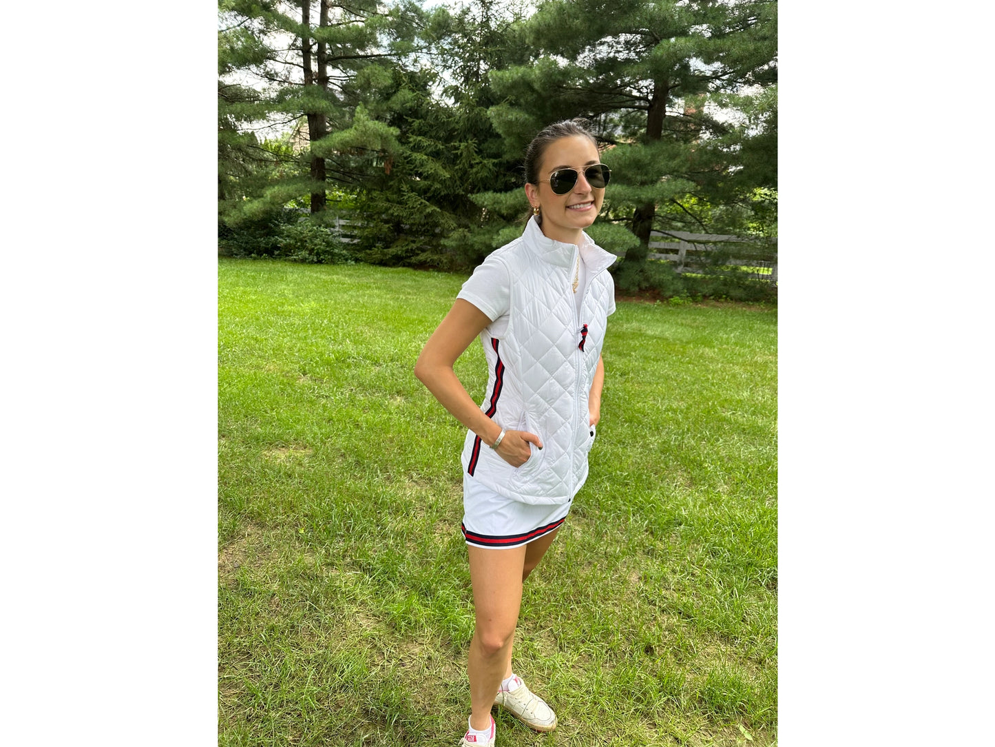 Apparel- Pearly Vine Maggie May- White Quilted Puffer Vest w Navy & Red Stripe Ribbon Trim