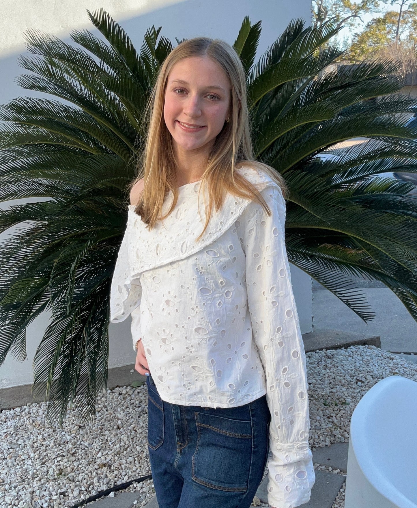 Apparel- Just Bellina Eyelet Off Set Long Sleeve Top
