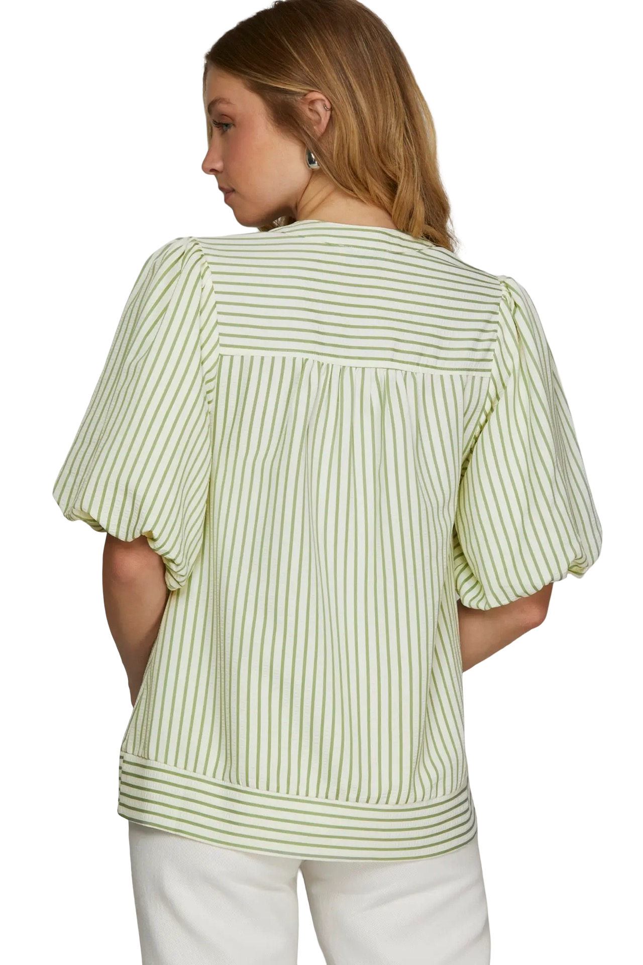 She+Sky Bubble Sleeve Striped Woven Blouse Top