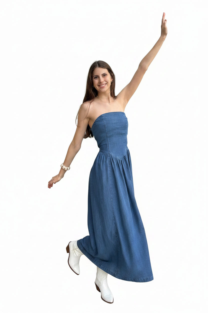 Haute Monde Strapless Denim Maxi Dress