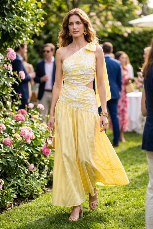 Baby Pink One Shoulder Embroidered Maxi Dress Yellow / Large