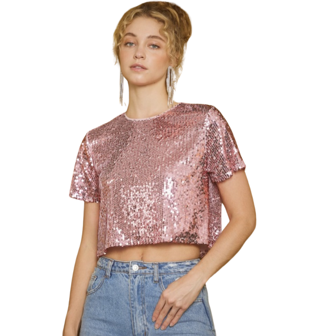Apparel- Idem Ditto Short Sleeve Sequin Crop Top
