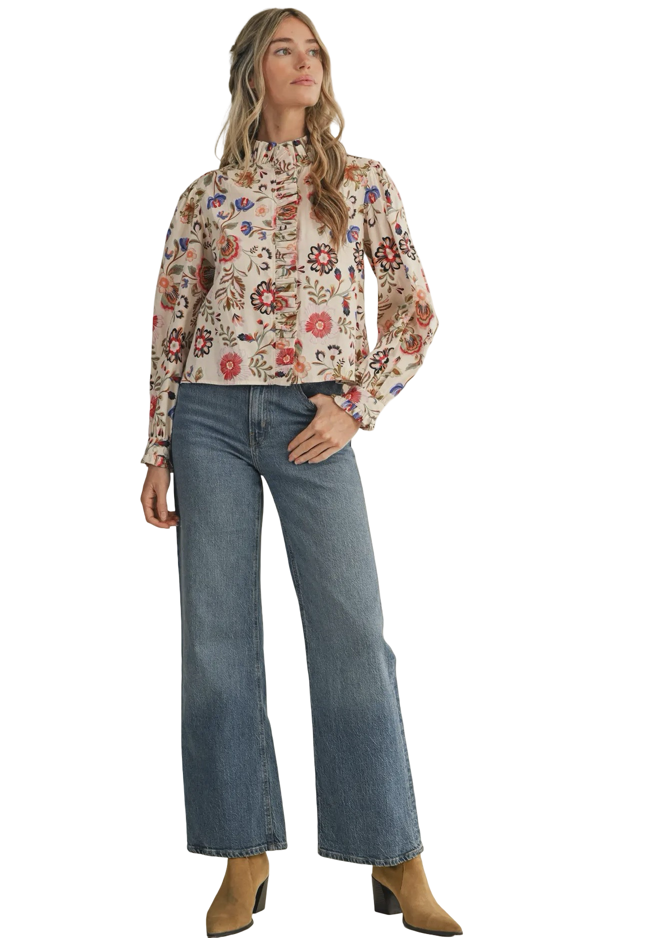 Apparel- En Merci Floral Print Ruffled Button Down Top