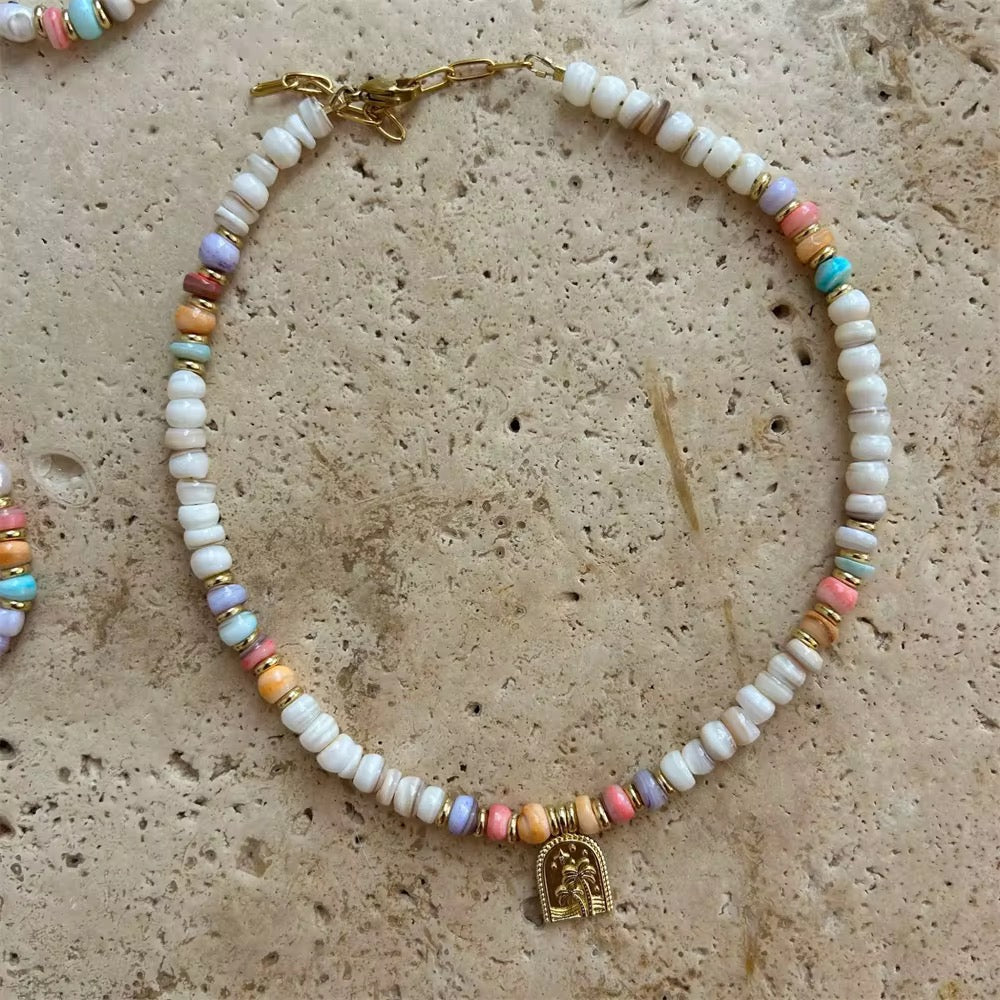 Necklaces- Boho Natural Stone Necklace with Palm Tree Pendant