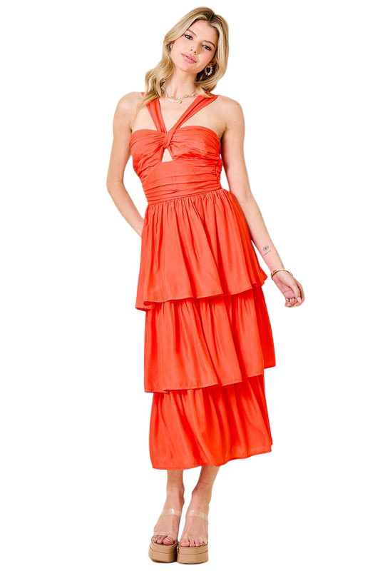 Apparel- Day+Moon Haltered Looped Tiered Midi Dress with Shirring Detail