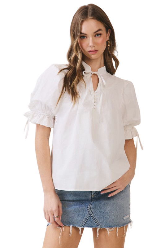TCEC Stand Collar Tie Front Blouse Top