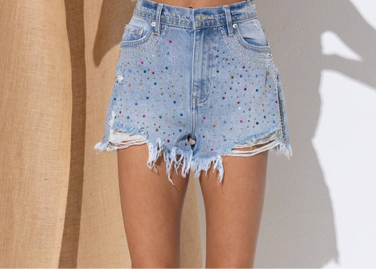 Apparel- Blue B. Crystal Stud Frayed Denim Shorts
