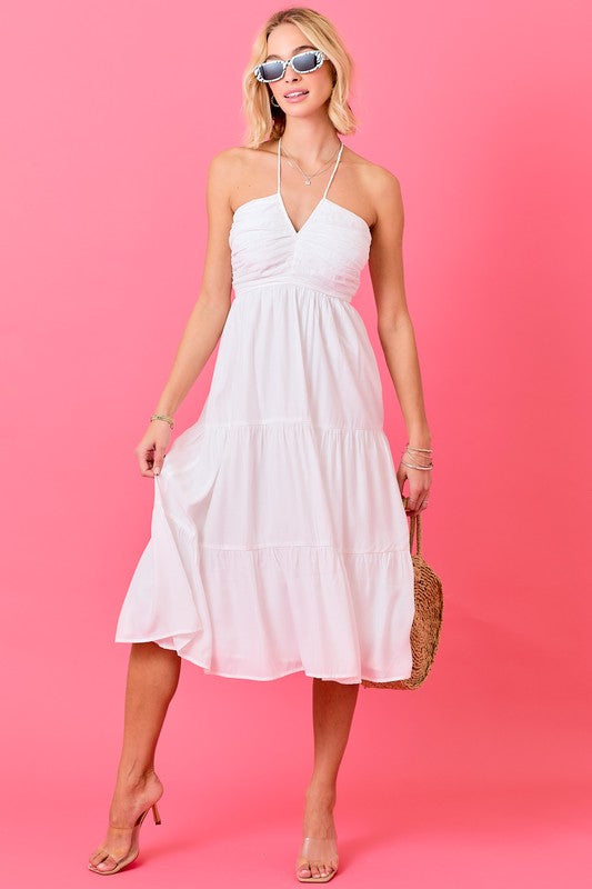Apparel- Day+Moon Halter V Notched Ruffled Midi Dress