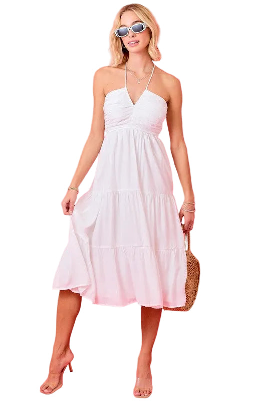 Day+Moon Halter V Notched Ruffled Midi Dress