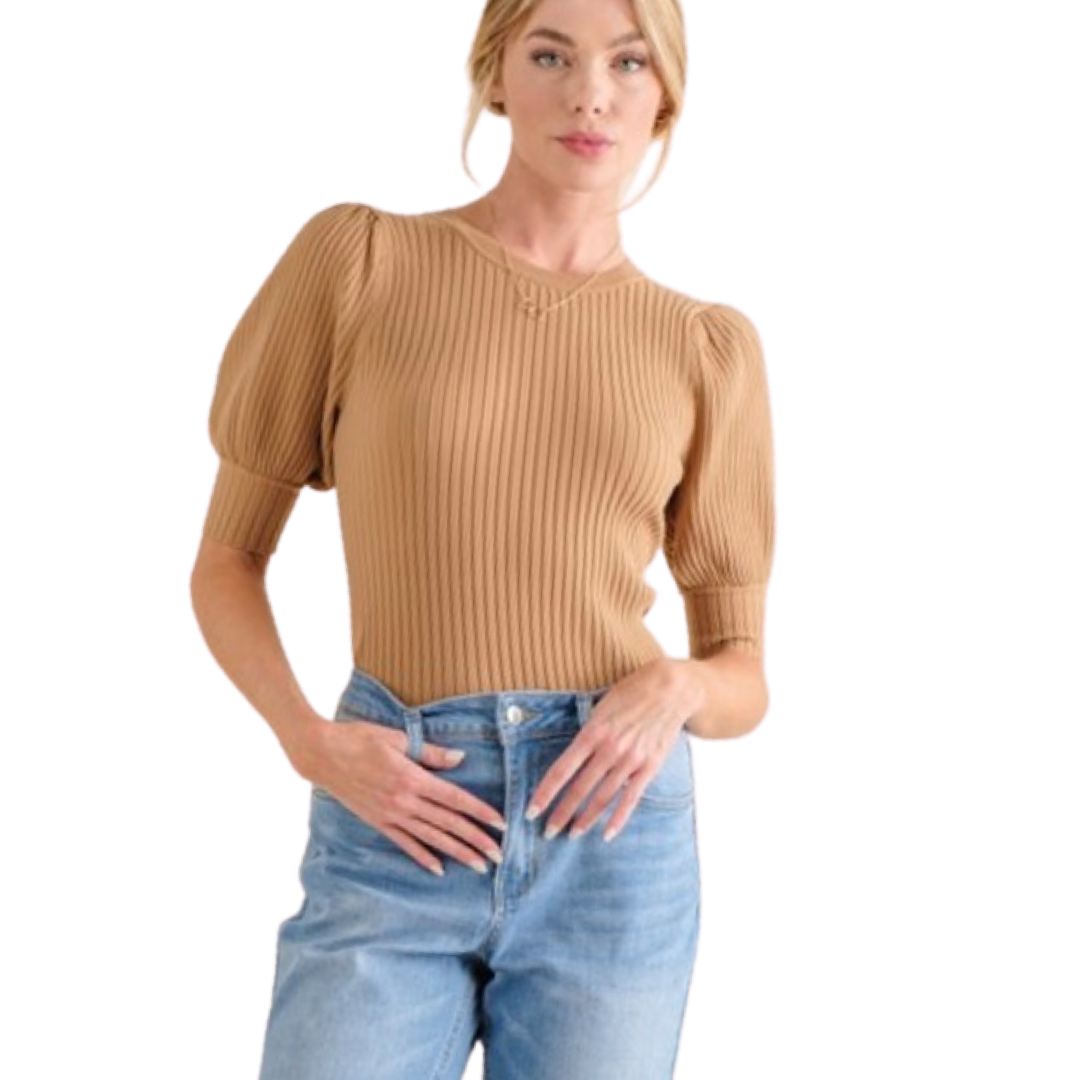 Apparel- And The Why Puff Sleeve Ribbed Basic Bodysuit