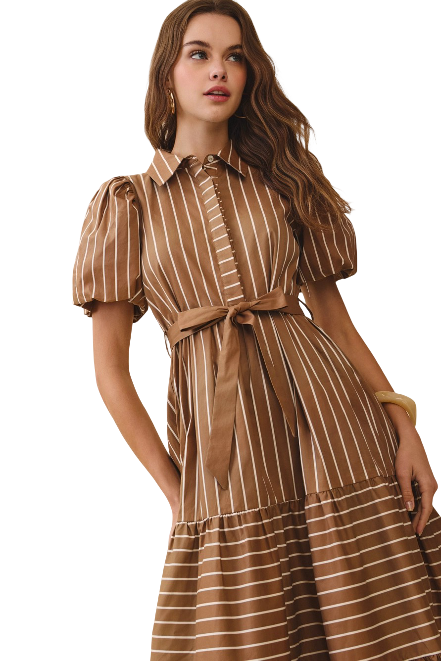 Apparel- TCEC  Collard Striped Belt Waist Midi Dress