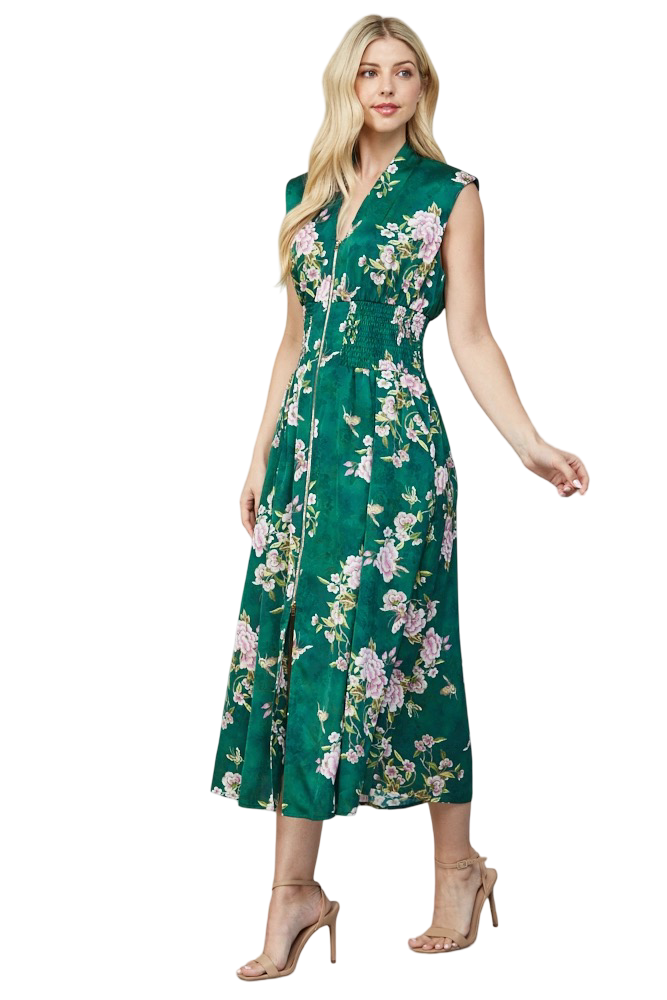 Apparel-Fate Floral Jacquard Front Zip Midi Dress