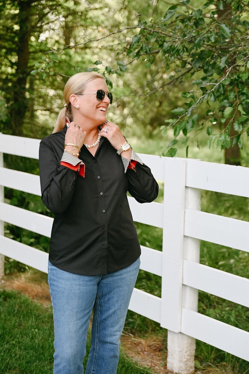 Apparel- Pearly Vines- Diana French Cuff Black w Red &Houndstooth Ribbon
