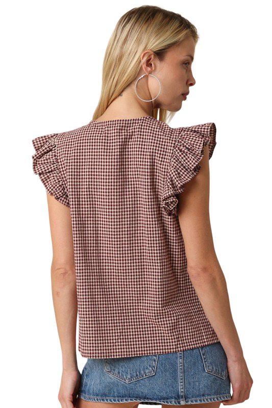Olivaceous Clara Gingham Ruffle Sleeve Top