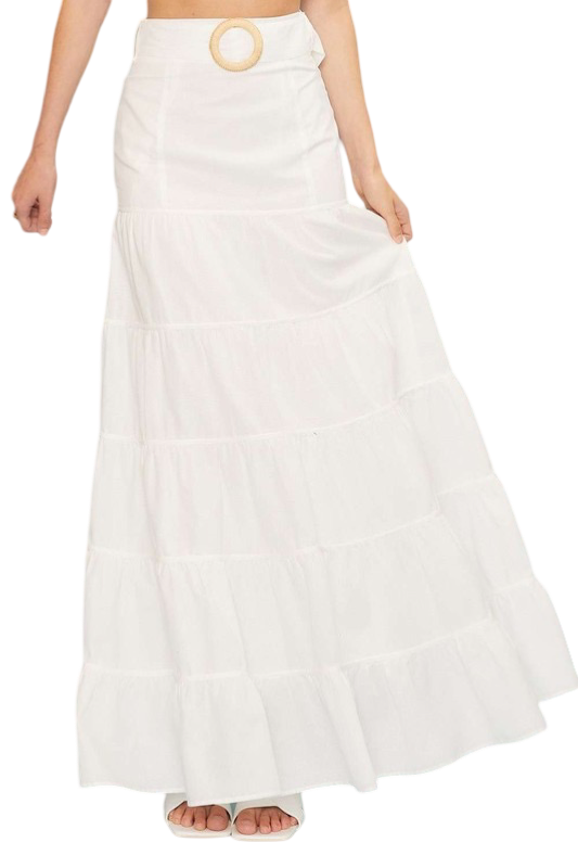 Apparel- Main Strip Side Zipper Belted Ruffled Solid Maxi Skirt