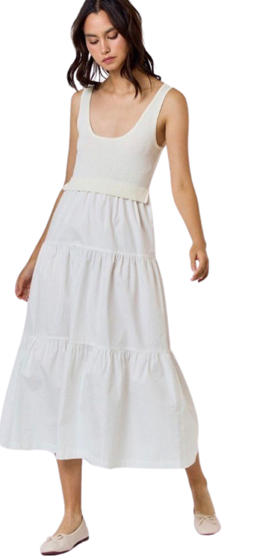 Apparel- LALAVON Sweater Contrast Scoop Neck Tiered Midi Dress