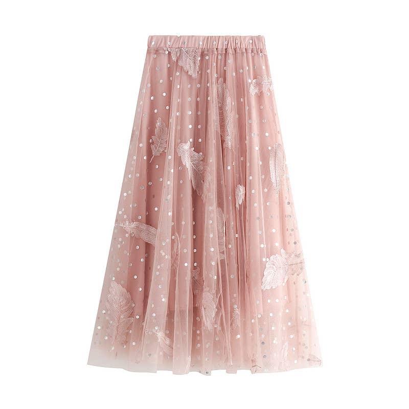 Apparel- Peach Polka Dot and Feathers Detailed Midi Skirts
