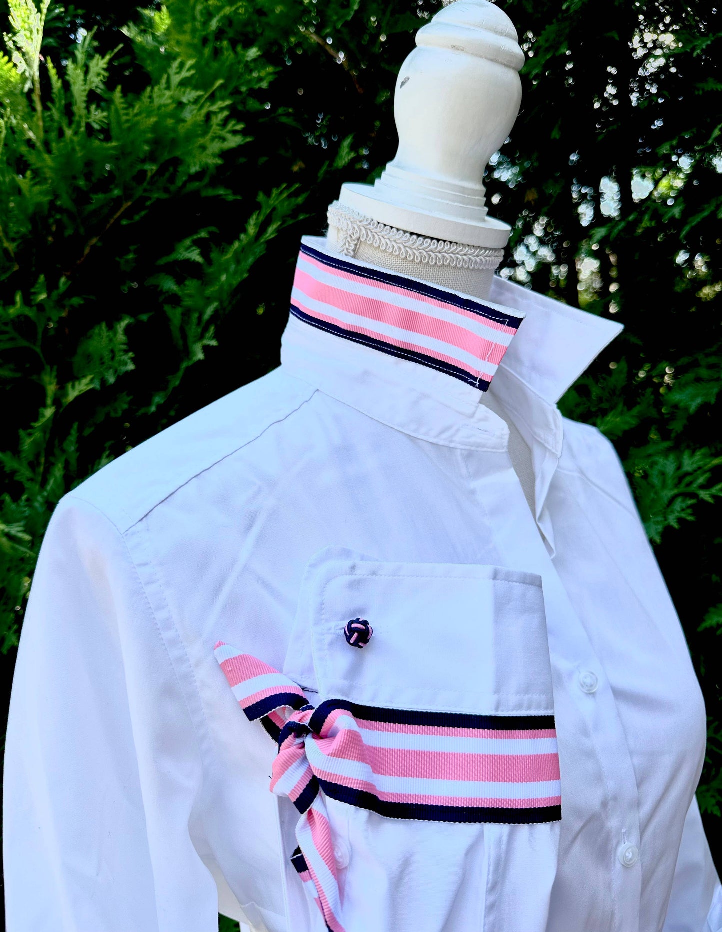 Apparel- Pearly Vines Audrey Ribbon FC- White with Navy,Pink and White Stripe Ribbon