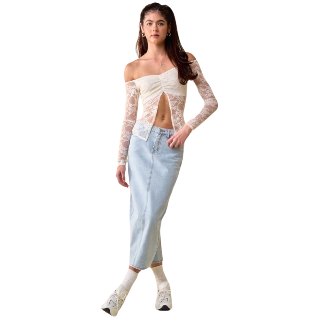 Apparel- Blue Blush Denim Midi Skirt With Back Slit