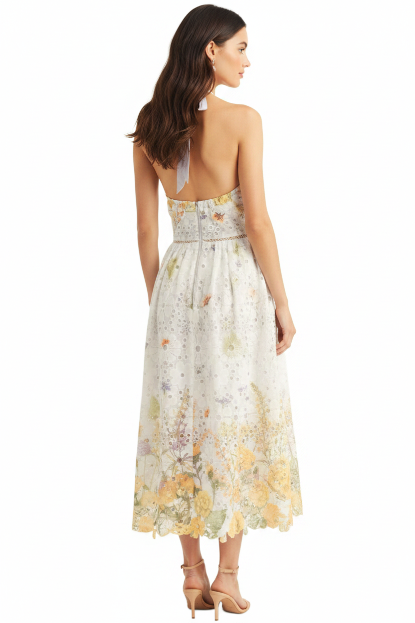 Just Me Halter Neck Floral Border Print Midi Dress