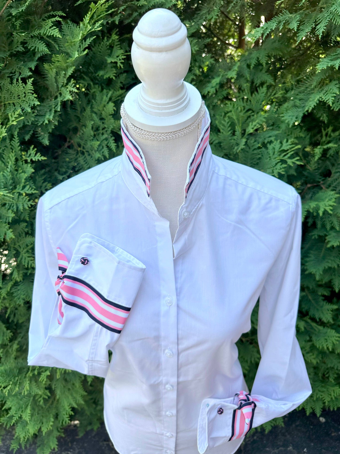 Apparel- Pearly Vines Audrey Ribbon FC- White with Navy,Pink and White Stripe Ribbon