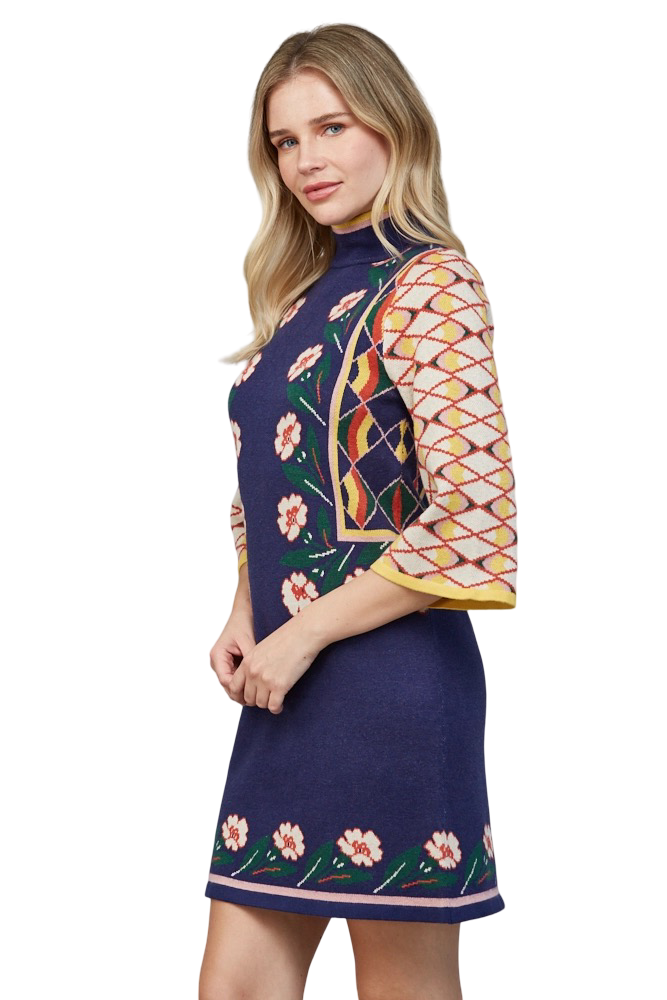 Apparel-Fate Jacquard Motif High Neck Floral Sweater Mini Dress