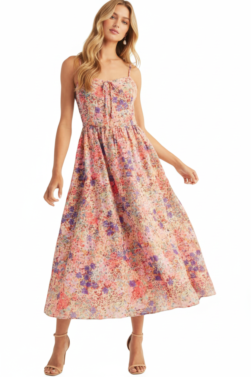 Just Me Floral Print Smocked Bodice Midi Dress Hot Pink Multi / Medium Just Me Floral Print Smocked Bodice Midi Dress Hot Pink Multi / Medium