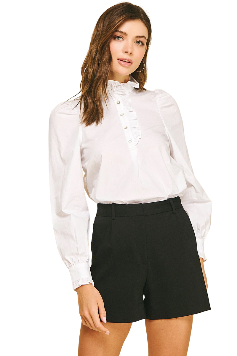 Apparel- Pinch Ruffled Block Neck Blouse Top