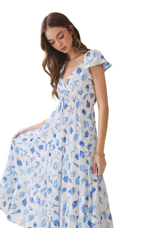 TCEC Shell Print V Neck Flutter Sleeve Midi Dress